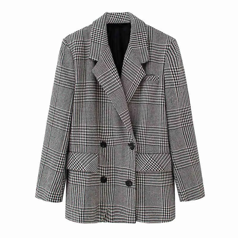 Elegant women houndstooth causal blazer autumn office ladies pocket jackets loose female grey plaid suits girls chic sets 210427