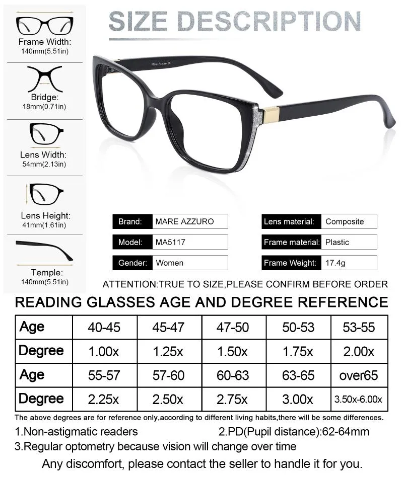 선글라스 마레 Azzuro 대형 독서 안경 여성 패션 브랜드 디자이너 고양이 눈 노회 안경 반짝이는 독자 1 0 1 213I