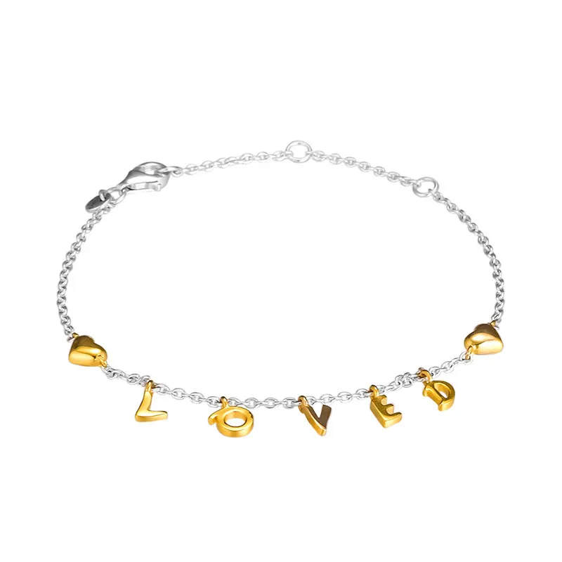 Lettre aimé Script brillant femmes 925 chaîne en argent Sterling Bracelets bijoux coeur doré cadeau de saint valentin