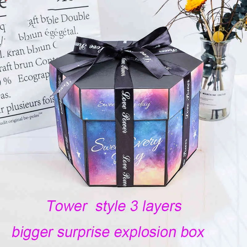 Surprise Tower Style 3 couches Love Explosion Box Explosion cadeau pour anniversaire Scrapbook DIY Album photo cadeau d'anniversaire 210326