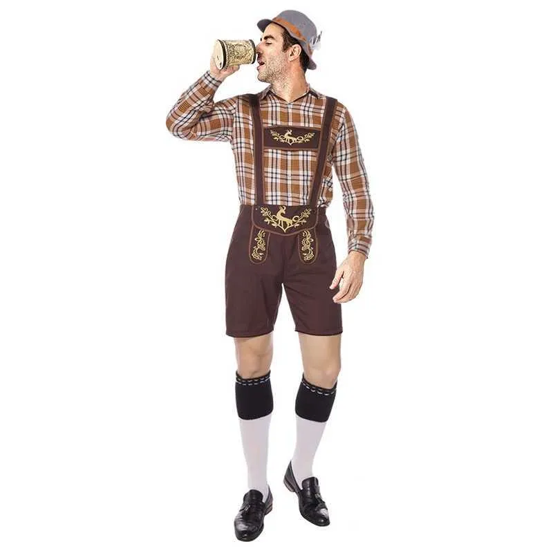 Duitsland Oktoberfest Bier Man Lederhosen Kostuum Halloween Beierse Carnaval Party Cosplay Brethers Shorts Shirt Hoed Set X0909