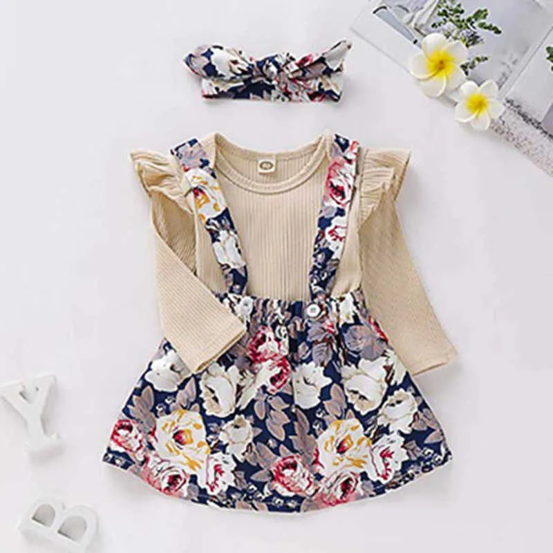 Весна осень летающая рукава висит ползунка ремешок платье печатается цветочная девушка набор детская одежда одежда 210528
