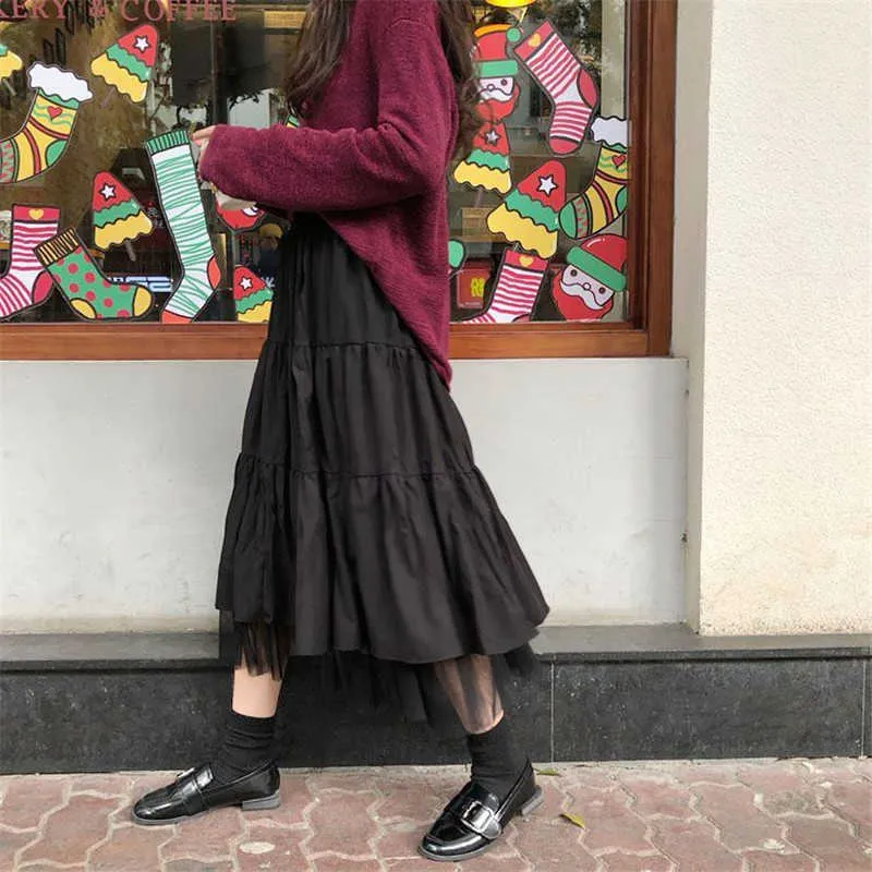 Schwarz 2 Schichten Faltenröcke Frauen Mesh Tutu Lange Röcke Koreanischen Stil Frühling Elastische Hohe Taille Patchwork Weiß Tüll Rock 210619