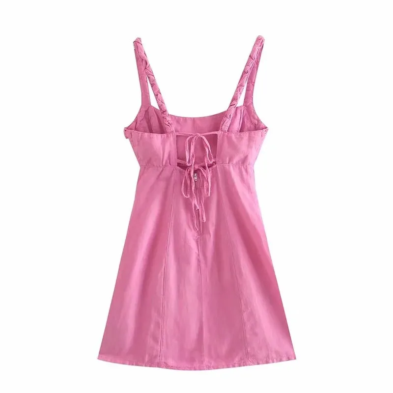 Klänning Kvinna Rosa Linne Slip Mini Kvinnor Baklösa Ruched Rem Kort Sommar Es Bow Bundet Sexig ES 210519