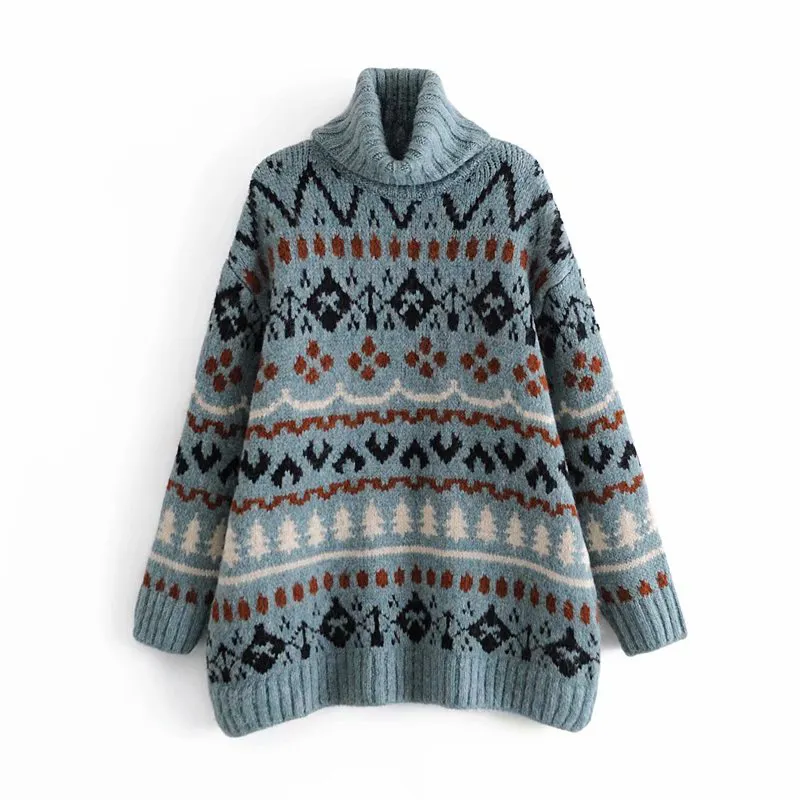 Fall Oversized Christmas Sweater Women Blue Jacquard Turtleneck Long Woman Warm Roll Collar Stick S vinter 210430