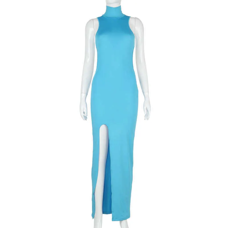 Sisterlinda été Sexy bleu fente découpé robe de soirée femme col roulé dos ouvert dos nu boîte de nuit moulante Maxi robes tenue Y1006