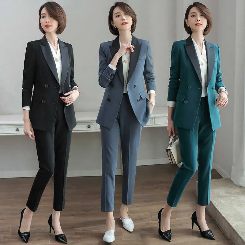 Hoogwaardige professionele vrouwen kantoorpak broek 2-delige temperament pure kleur dames jas slanke broek elegant 210527