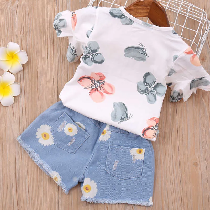 2T Filles Vêtements Ensembles Summer Toddler Corée Style Fleur Col T-shirt rayé + Short en denim Enfants 210528