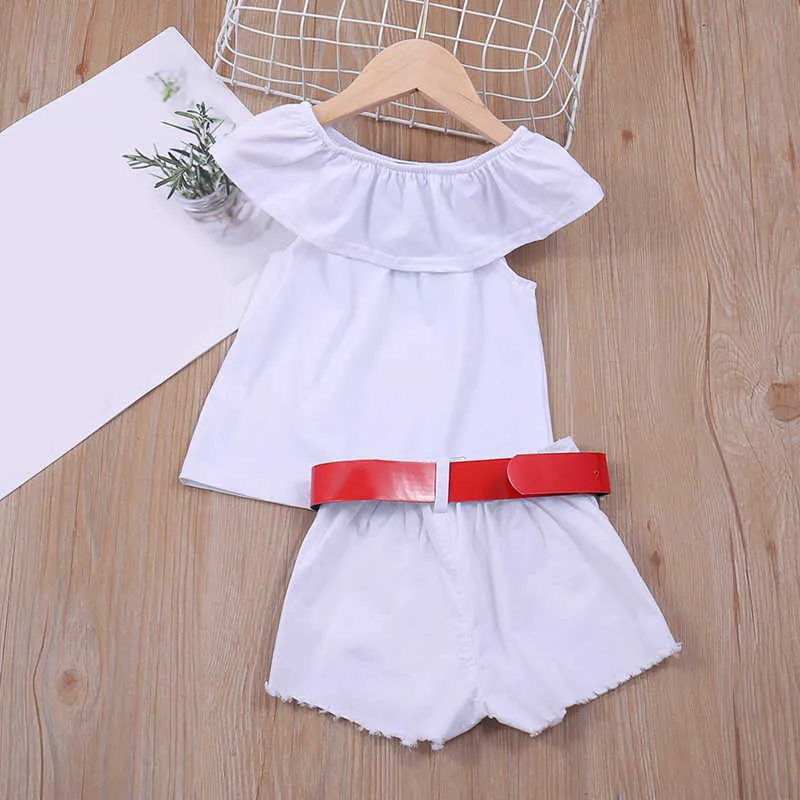 2-6Y 유아 아이 의류 소녀 옷은 여름 패션을 세트 어깨 3D 로즈 꽃 코튼 탑 스커트 복장 세트 210528