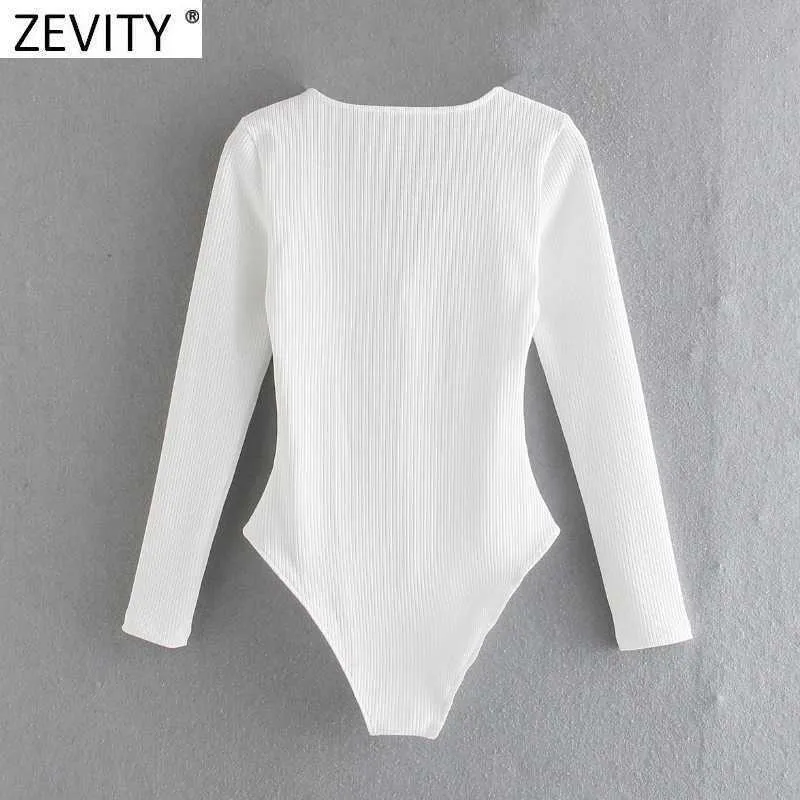 ZEVITY Kadınlar Seksi Derin V Boyun Knited Ince Bodysuits Kadın Uzun Kollu Siyah Beyaz Renk Chic Playsuits Siyam Romper LS9297 210603