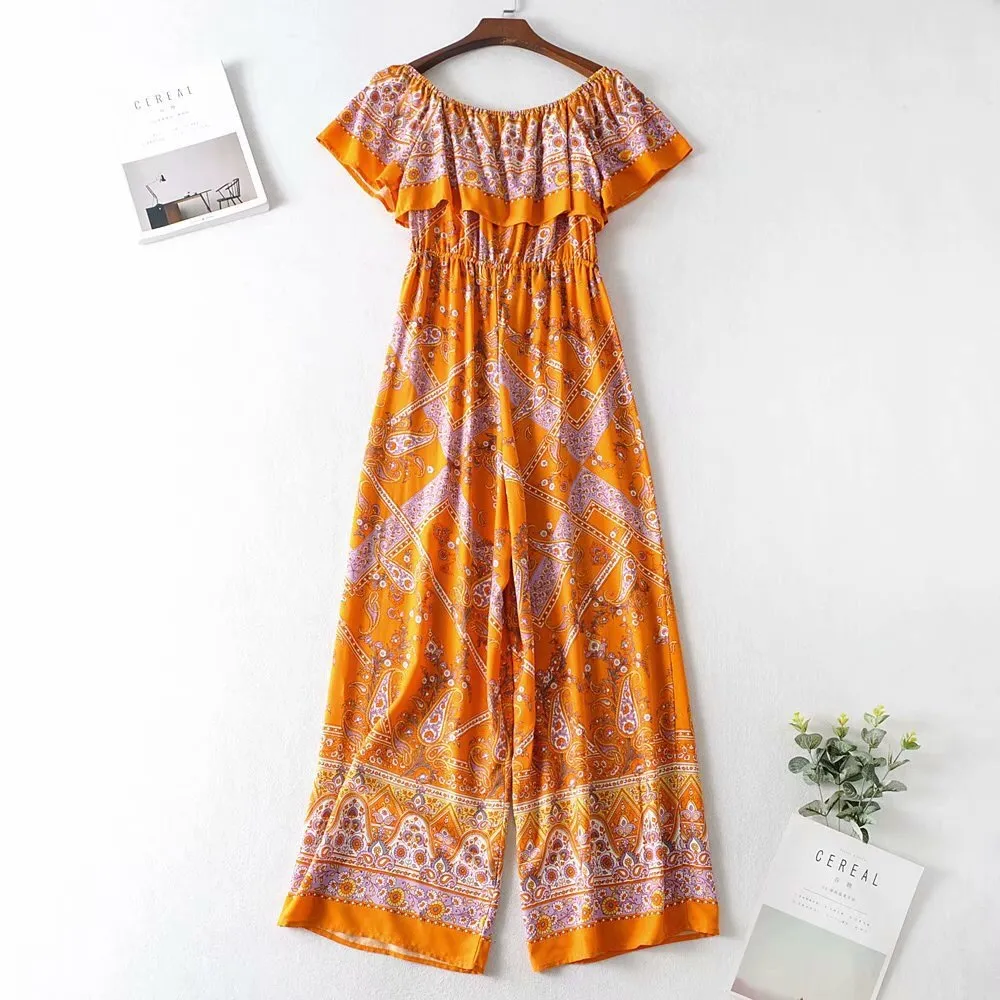 Été Orange Sans Bretelles Paisley Fleur Imprimer À Manches Courtes Jambe Large Combinaison Vacances Femmes BOHO Ajuster La Taille Barboteuse Salopette 210429