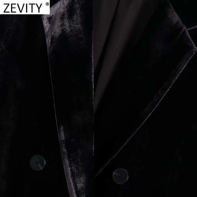 Zevity 여성 세련된 더블 브레스트 레저 벨벳 블레이저 코트 레이디 긴 소매 포켓 outwear 정장 사무실 탑 CT660 210603