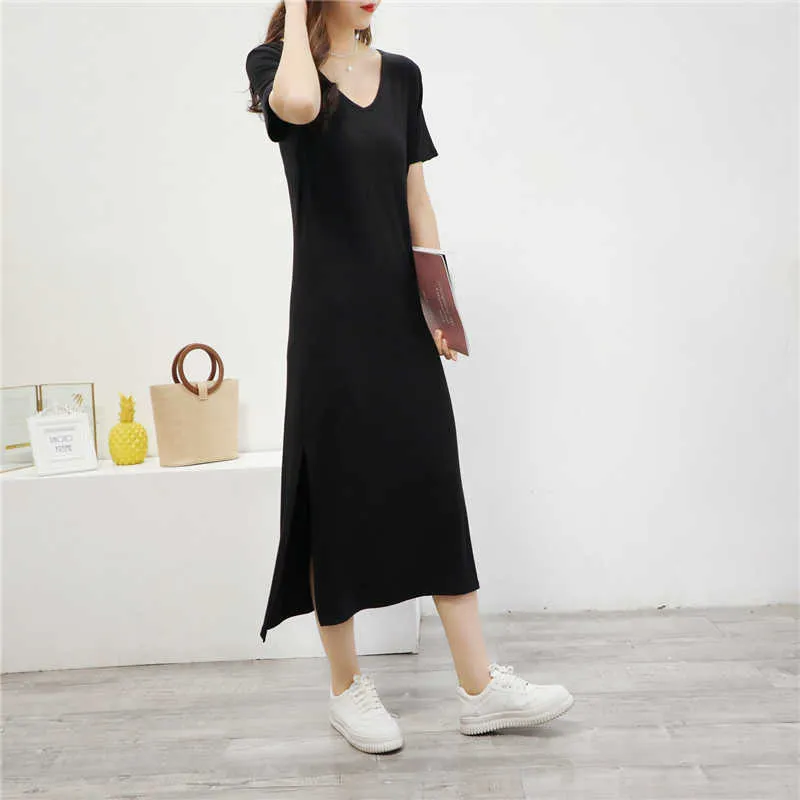 Grande taille robes d'été pour femmes Maxi a-ligne mi-mollet col en v Modal Long Streetwear décontracté plage noir vêtements femmes 210625