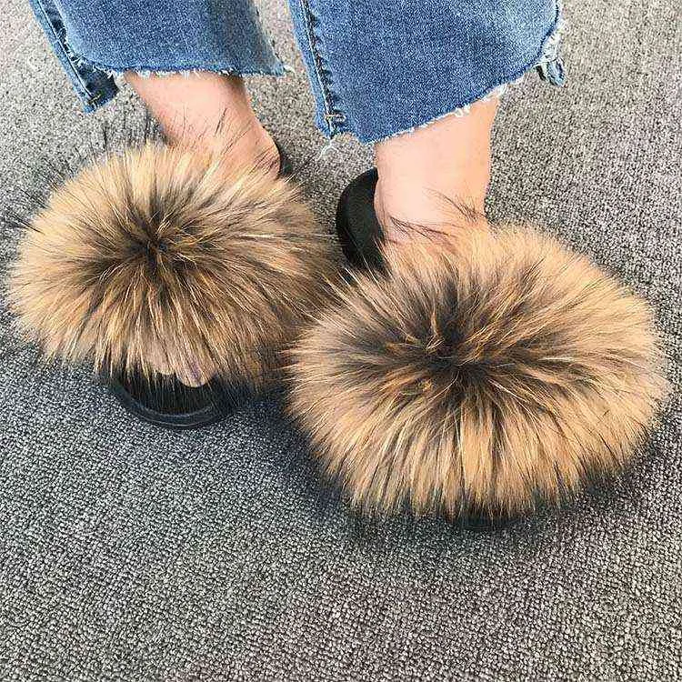 Hot Summer Women Fox Fur Pantofle Real Fur Slajdy Kobiet Kryty Klapki Klapki Dorywczo Racon Futro Sandały Furry Fluffy Pluszowe Buty AA220307