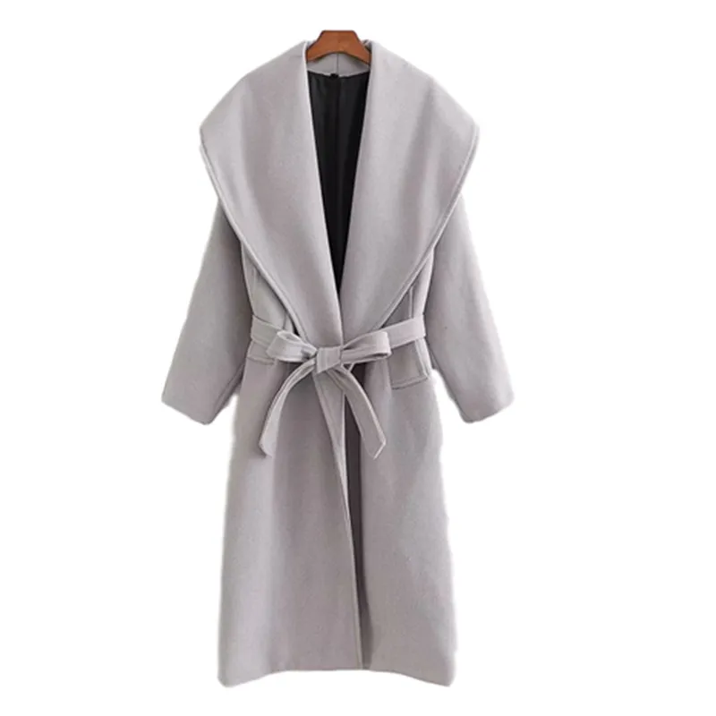 Lässige Frau übergroße graue Schärpen Wollmantel Mode Damen Herbst Big TurnDown Kragen Outwear weibliche elegante Jacke 210515