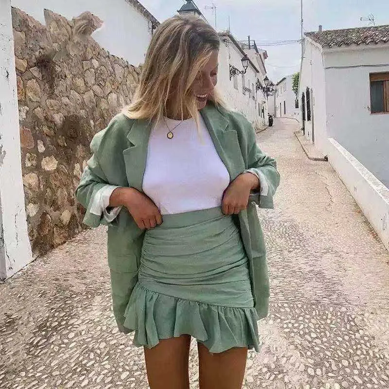 ZXQJ Boho Women Sweet Ruffles Mini Skirts Summer Vintage Ladies Soft Linen Skirt Female Fladas Girls Chic Green Jupe Femme 210621