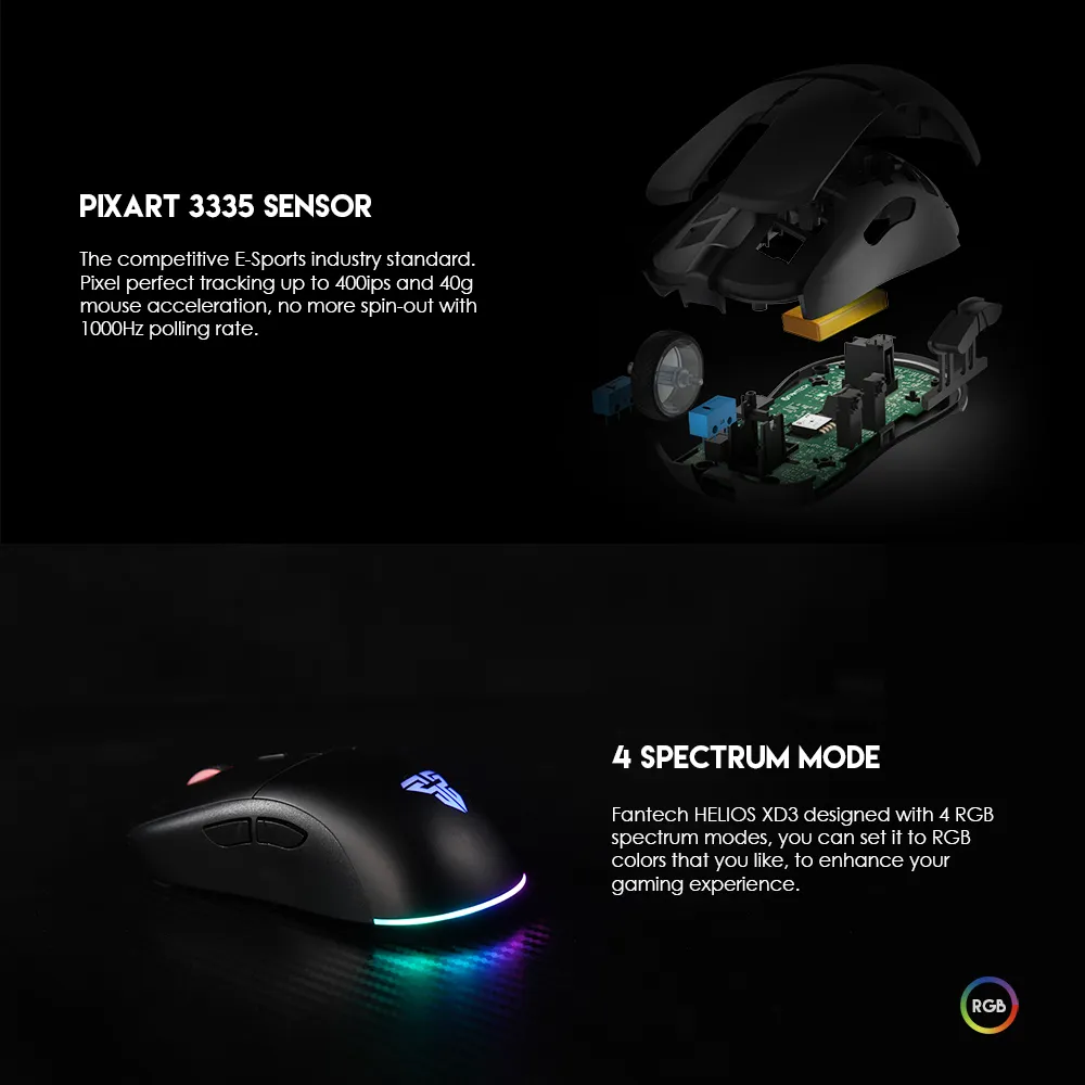 FANTECH XD3 Wireless Gaming mouse PIXART 3335 16000DPI 2.4G RGB Game Mice 6 Macro Buttons 50 Million LOL FPS Gamer M