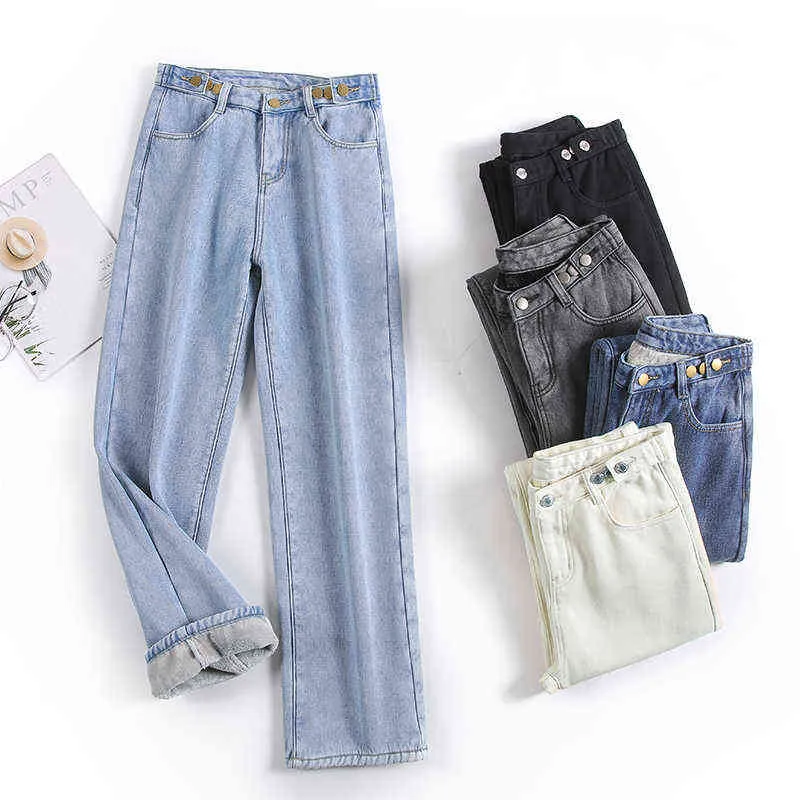 Jeans de inverno Mulheres Quente Denim Calças Alta Cintura Loose Solta Denim Calças Espessas Veludo Algodão Lugar Lugar jeans 211216