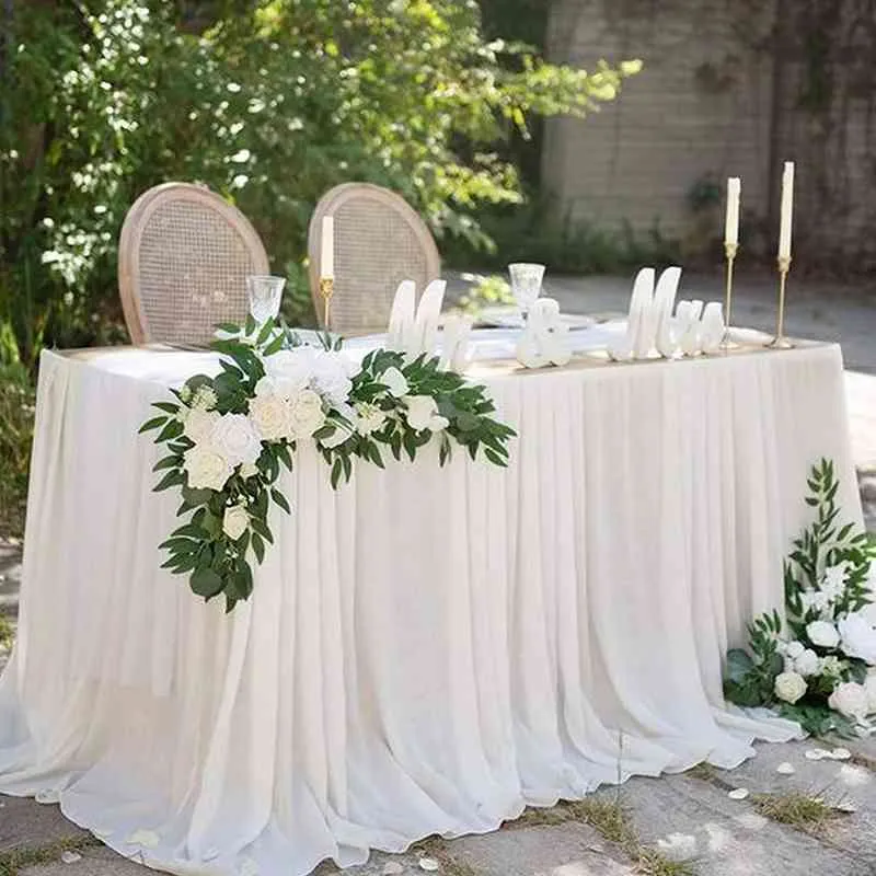 화이트 로즈와 인공 갈 랜드 결혼 생일 파티 홈 정원 장식을위한 모란 덩굴 유칼립투스 가닥
