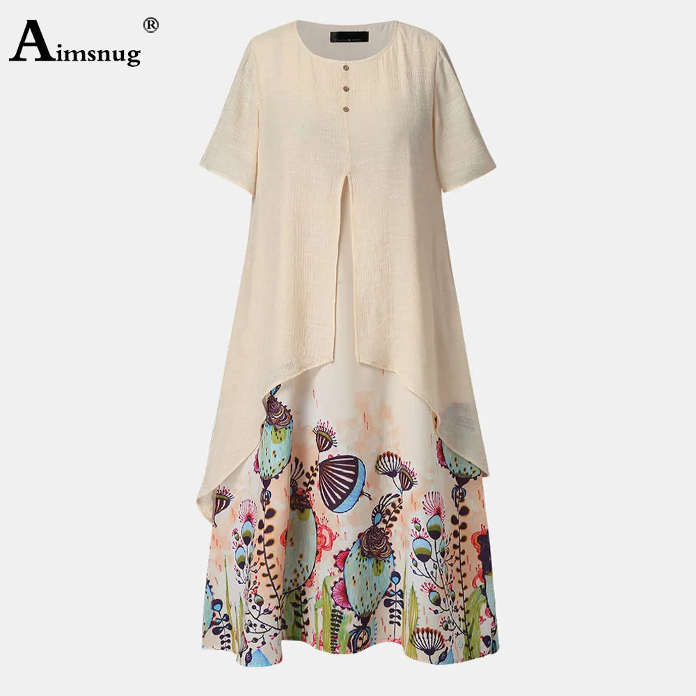 Aimsnug kvinnor elegant lång maxi klänning vintage print sommar strand klänning 2020 plus storlek 5xl damer bohemiska a-line klänningar femme x0521