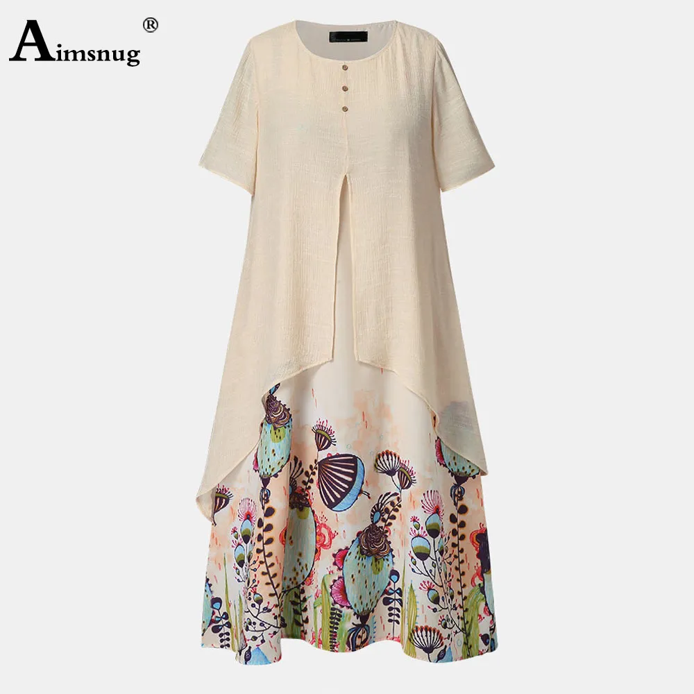 AIMSNUG Женщины Элегантное Длинное Maxi Платье Винтажное Печатание Летнее Платье 2020 Плюс Размер 5XL Дамы Богемные Платья A-Line Femme X0521