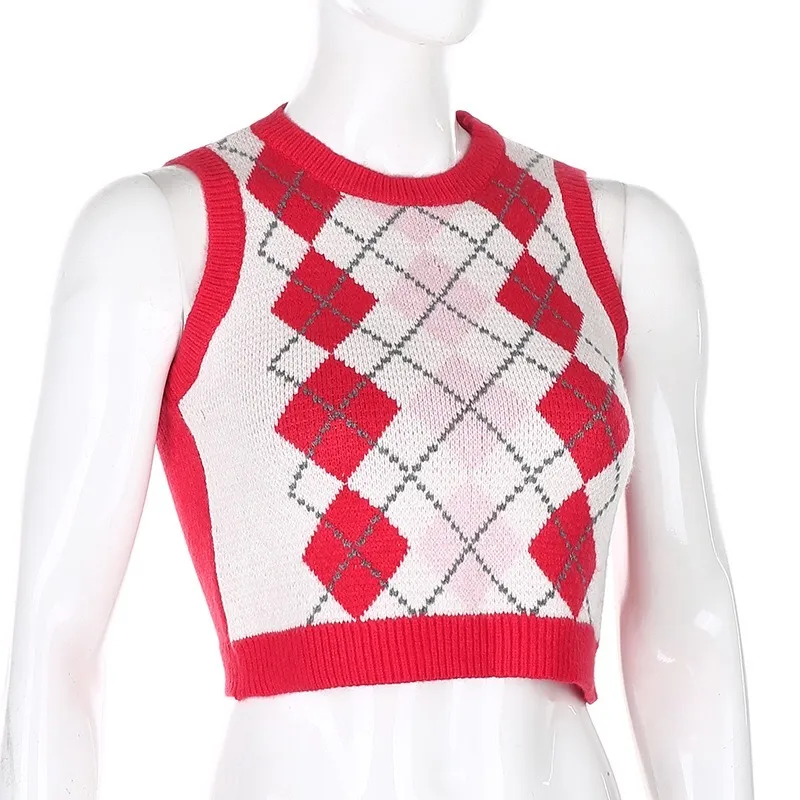 90er Jahre rot Argyle Plaid gestrickte Pullover Weste Frauen Streetwear Preppy Style koreanische Kleidung gestreift O Neck Tank Top Y2K Strickwaren 210429