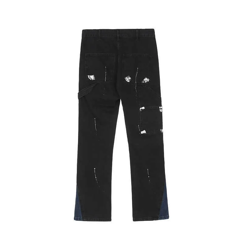 Męskie dżinsy High Street Hip Hop Luźne Mikro Spodnie Flarowane Speckled Szyte Dżinsy