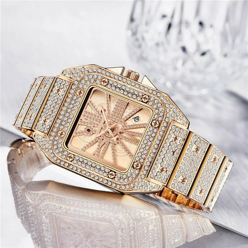 Relógios de punho Hip Hop Relógios masculinos Cool Menor de Luxúria quartzo de diamante Relógio Calendar Square