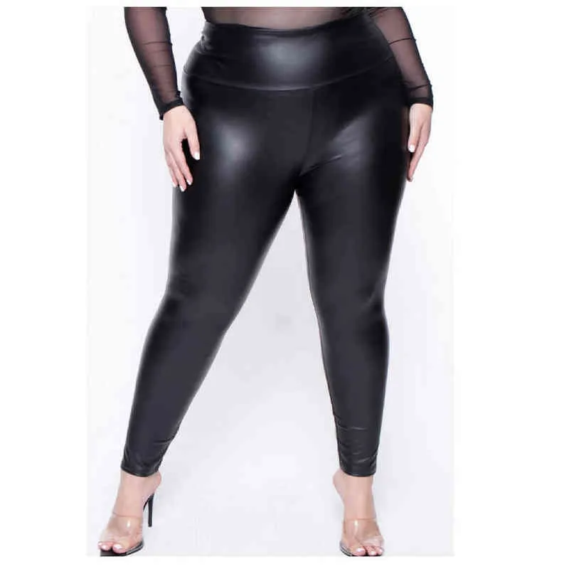 Plus Taille Taille Haute Taille Faux Cuir Leggings pour femmes 4XL Matt Noir Couleur Big Bonne Extensible Double Couches Leggin ouc218 211204