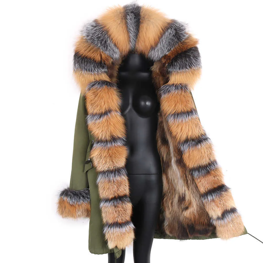 Kurtka zimowa Kobiety Prawdziwe Fur Coat Long Parka 7XL Natural Raccoon Fur Collar Odzieży Streetwear Casual Oversize 211019