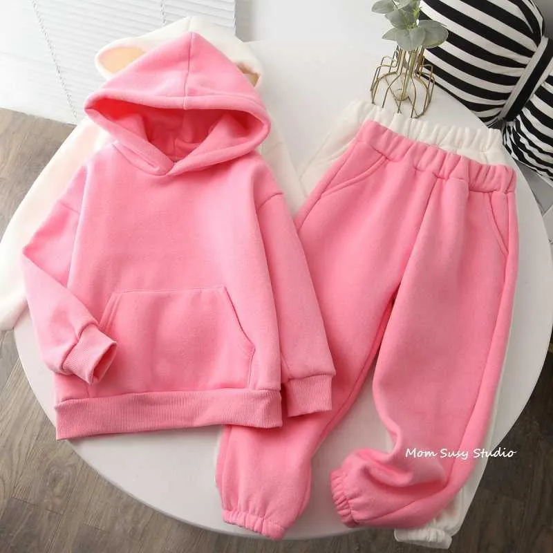 Mom Susy Baby Girl Boy Cotton Clothes Set Hoodie+Jogging Warm Fleece Lining Child Sport Loungewear Winter Spring Autumn 211025