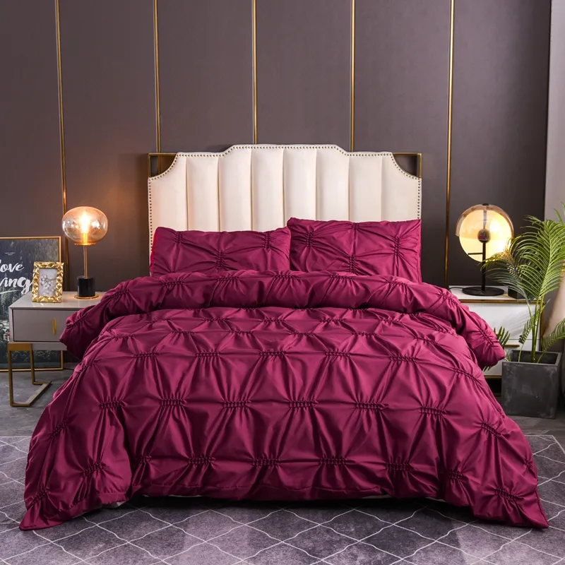 노드 주름 침구 세트 화이트 핑크 이불 커버 220x240 간단한 더블 퀸 킹 사이즈 단색 부드러운 침실 없음 침대 시트