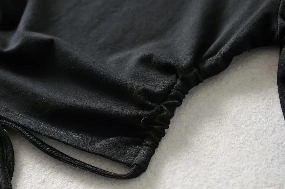 Slash Collar Ruched Sznurowanie Bandażem Backless Długim Rękawem Tee Tie Łuk Kobiety Przycięte Tight T Shirt Krótkie seksowne topy czarne 210429  t