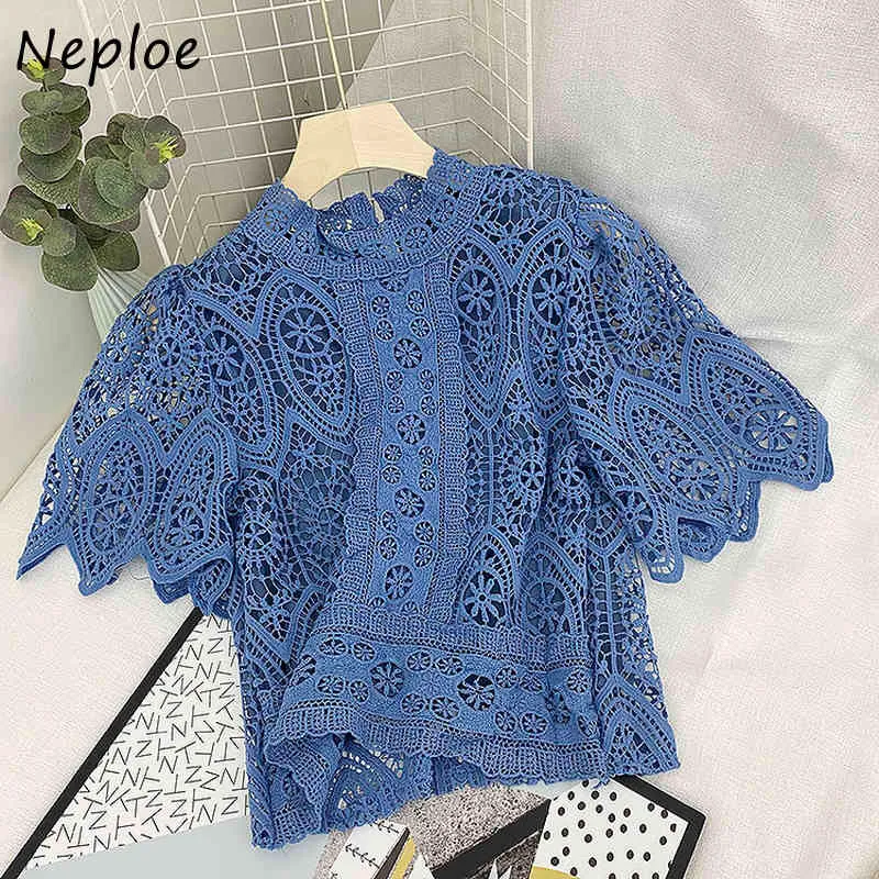 Neploe Elegant Lace Hollow Out Werk Stijl Ol Blouse Vrouwen O Hals Korte Mouw Trui Blusas Zomer Effen Shirt Femme 210510