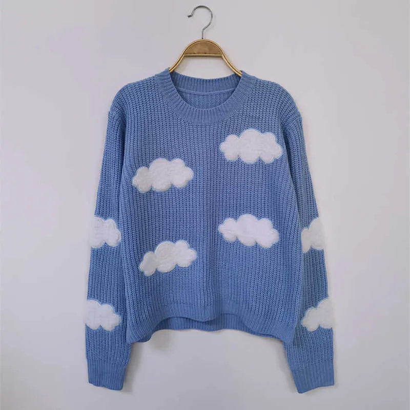 Pull de nuages confortables pour femmes dessin animé mignon à manches longues pull à col rond pull automne hiver hauts en tricot / 210922