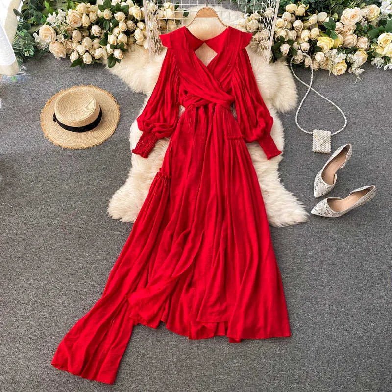 Spring Autumn Red Long Dress Women Sexy V-Neck Lantern Long Sleeve High Waist Open Back Bandage Maxi Vestidos Female New Fashion Y0603