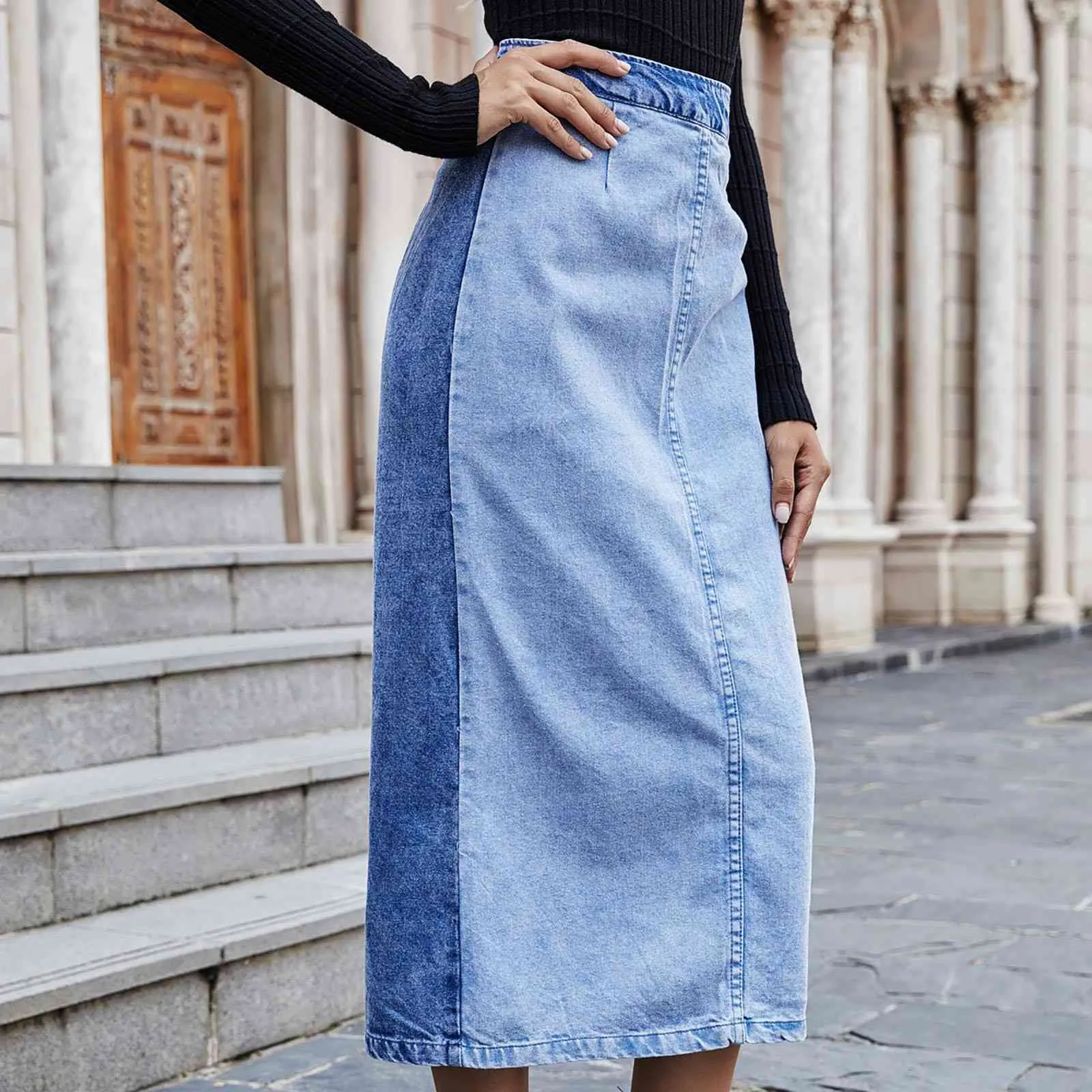 Wysoka talia damska dżinsowa spódnica Długi 2021 New Arrivals Blue Sky Blue Tassel Split Casual Jean Spódnice Dla Ladiesjupe Longue Femme X0428