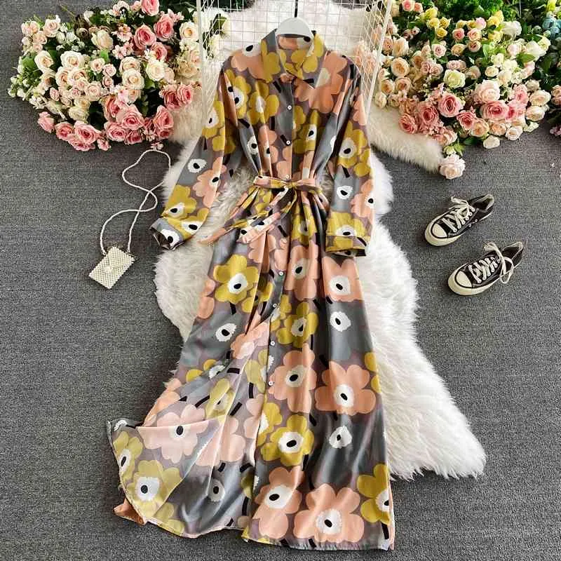 Spring Autumn Single-breasted Shirt Dress Women's French Retro Lapel Tie-up Waist Is Thin and Large Swing Long UK932 210507
