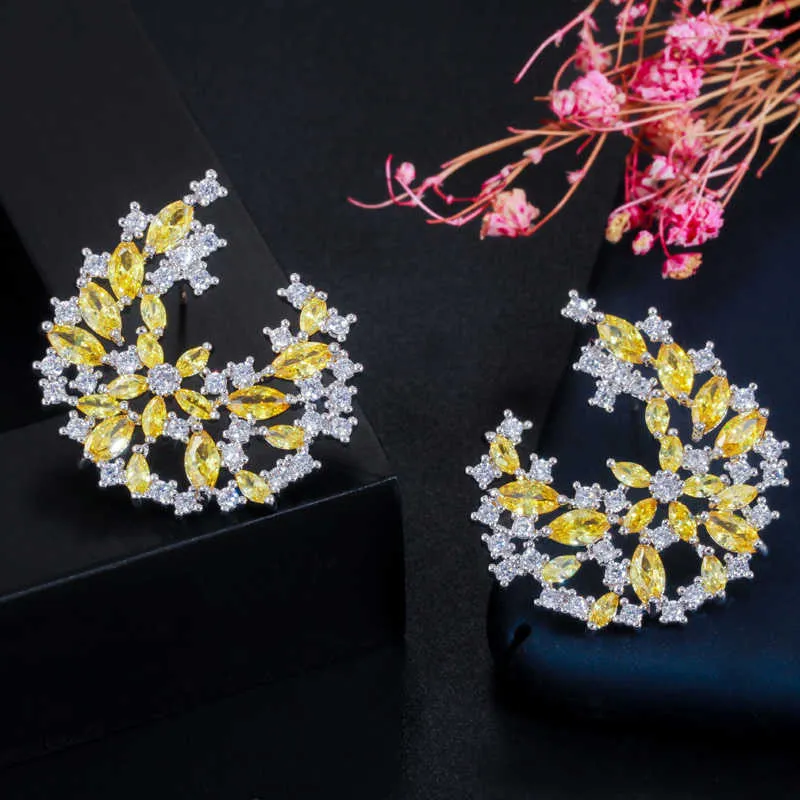Einzigartiges elegantes Design silberne Farbe Big Blue Blume gelbe Topaz Kristall Ohrringe für Frauen Mode Schmuck CZ621 2107142170