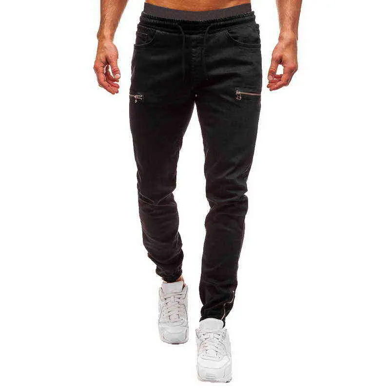 Calças elásticas masculinas com punho casual cordão jeans treinamento jogger atlético moletom moda zíper 211108257z