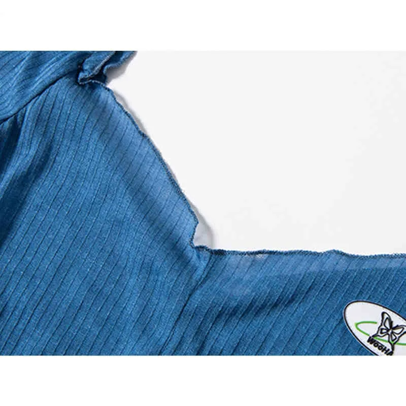 Mode d'été T-shirt Femmes Bleu Gaze Évider Transparent Perspective Blanc Bas Crop Top À Manches Longues Femme 210515
