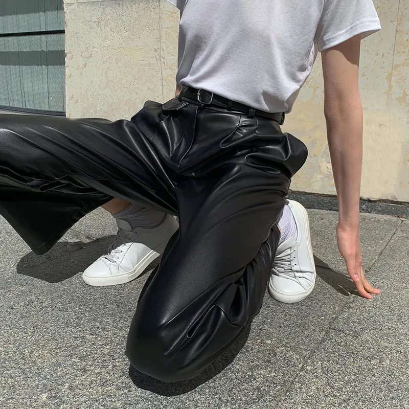 Autumn and Winter Loose Leather Pants Street Trendy Black High Waist Loose Pocket Leather Pants 210422