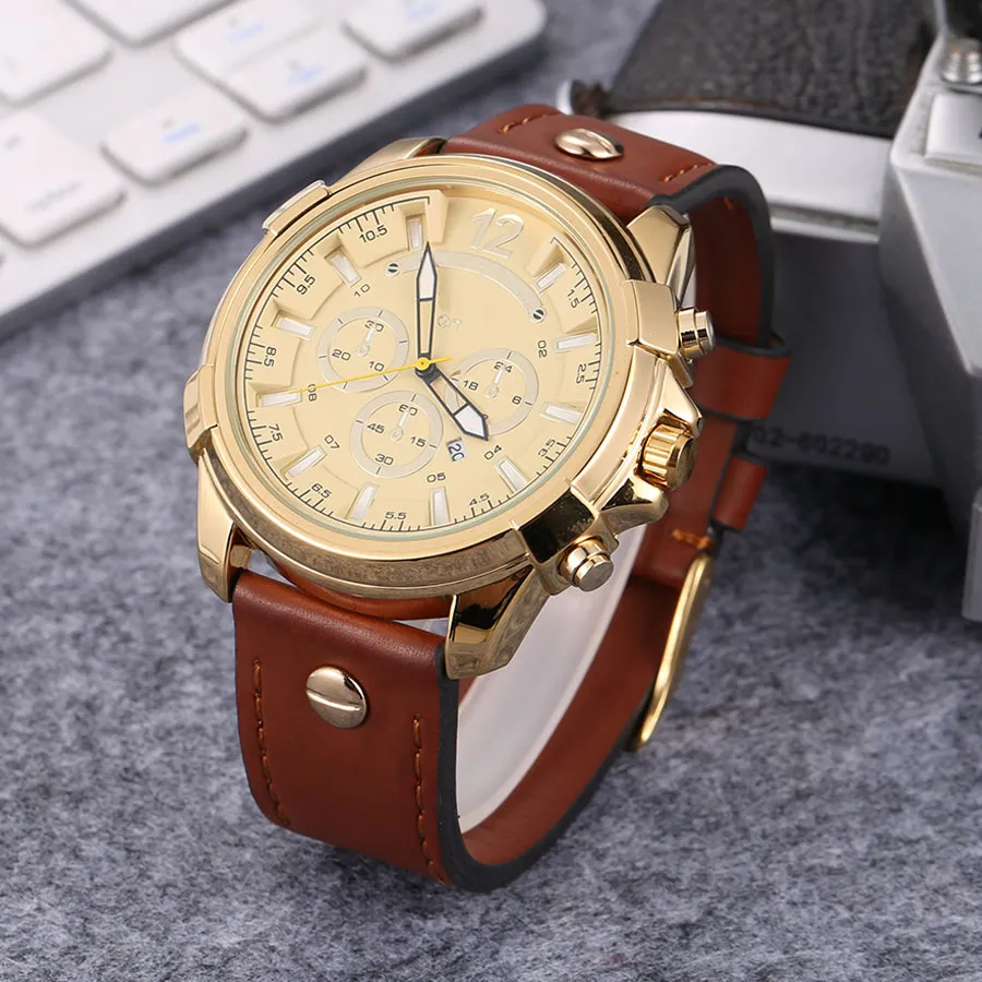 Modemärke tittar män Big Dial Style Leather Strap Quartz Wrist Watch DZ01243G