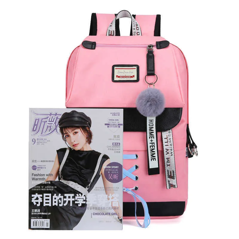 Toile USB Sacs d'école pour filles adolescentes Sac à dos Femmes Bookbags Noir Grande capacité Middle High College Teen Schoolbag 210809