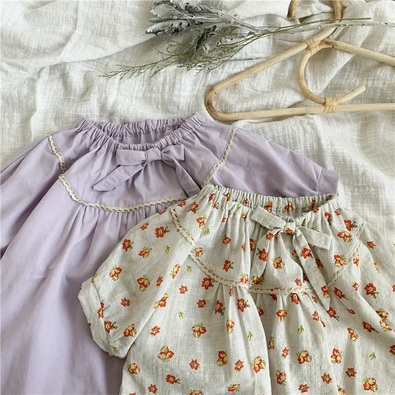 Dziewczyny Koszula z krótkim rękawem Summer Girl Baby Floral Lace Bow Puff Sleeve Shirt Girls Bluzka 210515
