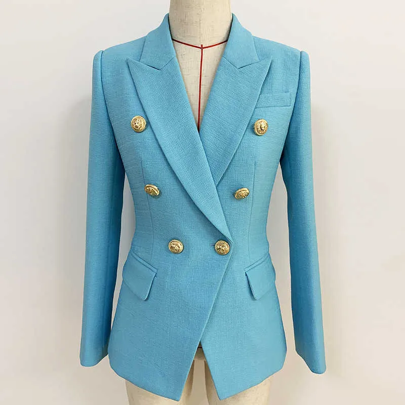 autumn and winter women's high-end ladies office suit blue jacket Temperament Slim Metal Double-breasted Ladies Blazer 210527