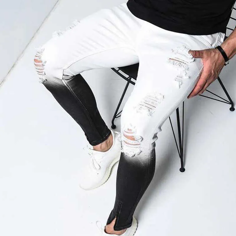Mode heren skinny jeans hoge veerkracht gescheurde jeans slim fit denim sportstrousers streetwear kleur matching ritsen skinny x0621