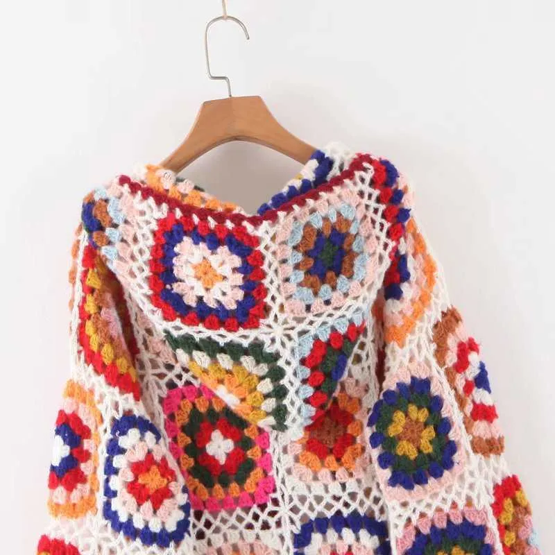 Herfst handgemaakte haak met capuchon volle print nationale stijl jacquard lange vrouwen sweaters vest 210615