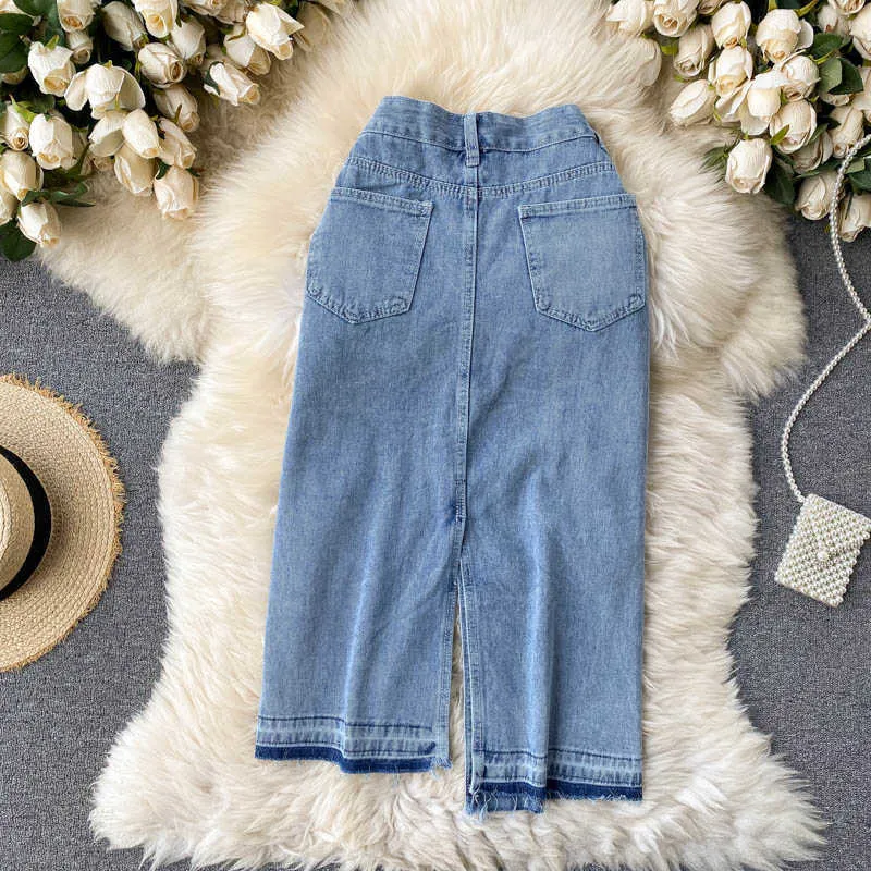 Ly Varey Lin Sommar Kvinnor Casual High Waist Medium Längd Denim Kjolar Vintage Split Asymmetri Slim Kvinna 210526