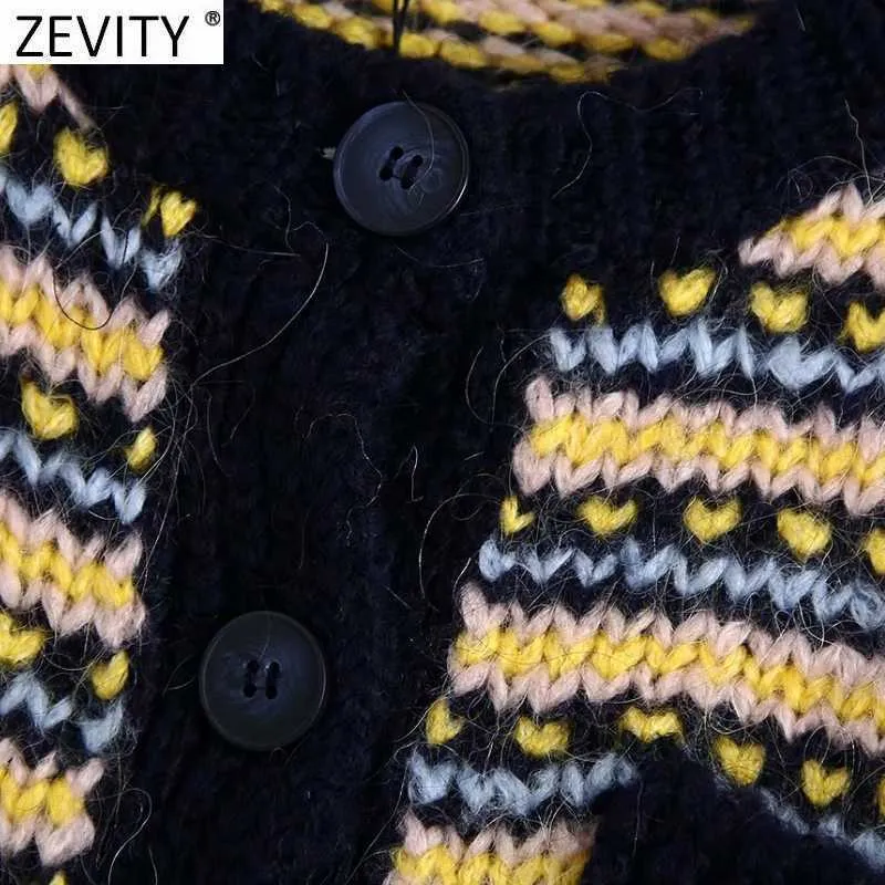 Zevity Women Vintage Color Matching Patchwork Striped Casual Short Knitting Sweater Femme Chic Pocket Cardigan Tops S688 210603